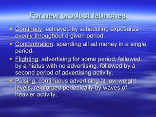 For new product launches Continuity : achieved by scheduling exposures evenly throughout a given period. Concentration : spending all ad money in a single period. Flighting : advertising for some period, followed by a hiatus with no advertising, followed by a second period of advertising activity. Pulsing : continuous advertising at low-weight levels, reinforced periodically by waves of heavier activity. 