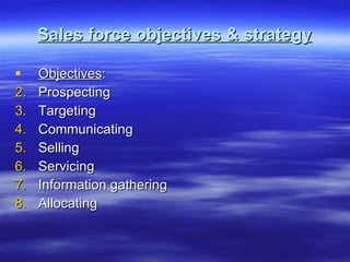 Sales force objectives & strategy Objectives : Prospecting Targeting Communicating Selling Servicing Information gathering Allocating 