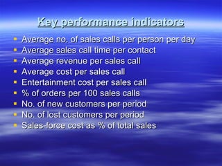 Key performance indicators Average no. of sales calls per person per day Average sales call time per contact Average revenue per sales call Average cost per sales call Entertainment cost per sales call % of orders per 100 sales calls No. of new customers per period No. of lost customers per period Sales-force cost as % of total sales 