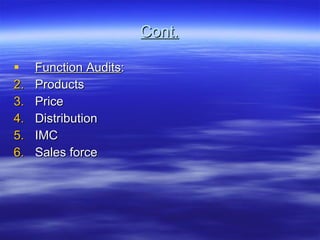 Cont. Function Audits : Products Price Distribution IMC Sales force 