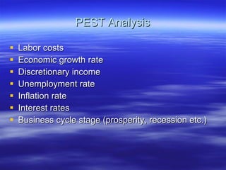PEST Analysis Labor costs Economic growth rate Discretionary income Unemployment rate Inflation rate Interest rates Business cycle stage (prosperity, recession etc.) 