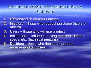 Business markets & business buying behavior Participants in business buying: Initiators – those who request purchase (users or others) Users – those who will use product Influencers – influence buying decision, define specs, etc. (technical persons) Deciders – those who decide on product requirements/suppliers 