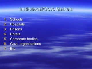 Institutional/Govt. Markets Schools Hospitals Prisons Hotels Corporate bodies Govt. organizations Etc. 