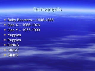 Demographic Baby Boomers – 1946-1965 Gen X – 1966-1976 Gen Y – 1977-1999 Yuppies Puppies DINKS SINKS SILKS 