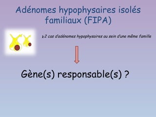 Adénomes hypophysaires isolés
      familiaux (FIPA)
      ≥2 cas d’adénomes hypophysaires au sein d’une même famille




 Gène(s) responsable(s) ?
 