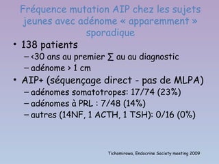 Fréquence mutation AIP chez les sujets
  jeunes avec adénome « apparemment »
                sporadique
• 138 patients
  – <30 ans au premier ∑ au au diagnostic
  – adénome > 1 cm
• AIP+ (séquençage direct - pas de MLPA)
  – adénomes somatotropes: 17/74 (23%)
  – adénomes à PRL : 7/48 (14%)
  – autres (14NF, 1 ACTH, 1 TSH): 0/16 (0%)



                       Tichomirowa, Endocrine Society meeting 2009
 