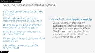 N° 22
L’Identité 2020 : des interactions invisibles
Vous permettra de bénéficier des
avantages bien établis du cloud, et des
avantages inattendus pour les défis de
l'ère du cloud pour tout gérer depuis
les employés, partenaires et clients
jusqu’à l’Internet des Objets
Vers une plateforme d’identité hybride
 