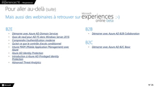 N° 26
(suite)
Démarrer avec Azure AD Domain Services
Quoi de neuf pour AD FS dans Windows Server 2016
Comprendre l’authentification moderne
Qu’est-ce que le contrôle d’accès conditionnel
Intune MAM (Mobile Application Management) avec
Azure
Azure AD Identity Protection
Introduction à Azure AD Privileged Identity
Protection
Advanced Threat Analytics
Démarrer avec Azure AD B2B Collaboration
Démarrer avec Azure AD B2C Basic
 