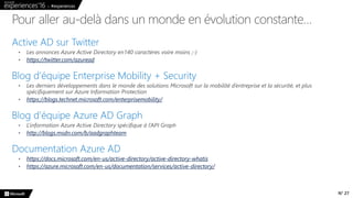 N° 27
Pour aller au-delà dans un monde en évolution constante…
https://twitter.com/azuread
https://blogs.technet.microsoft.com/enterprisemobility/
http://blogs.msdn.com/b/aadgraphteam
https://docs.microsoft.com/en-us/active-directory/active-directory-whatis
https://azure.microsoft.com/en-us/documentation/services/active-directory/
 