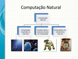 Computação Natural
Computação
Natural
Computação com
mecanismos
naturais
Estudos sobre a
natureza através
da computação
Computação
inspirada na
natureza
 