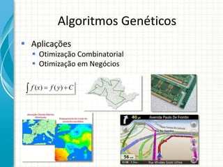Algoritmos Genéticos
 Aplicações
 Otimização Combinatorial
 Otimização em Negócios
 