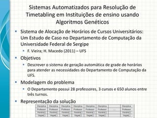 Sistemas Automatizados para Resolução de
Timetabling em Instituições de ensino usando
Algoritmos Genéticos
 Sistema de Alocação de Horários de Cursos Universitários:
Um Estudo de Caso no Departamento de Computação da
Universidade Federal de Sergipe
 F. Vieira; H. Macedo (2011) – UFS
 Objetivos
 Descrever o sistema de geração automática de grade de horários
para atender as necessidades do Departamento de Computação da
UFS.
 Modelagem do problema
 O Departamento possui 28 professores, 3 cursos e 650 alunos entre
três turnos.
 Representação da solução
 