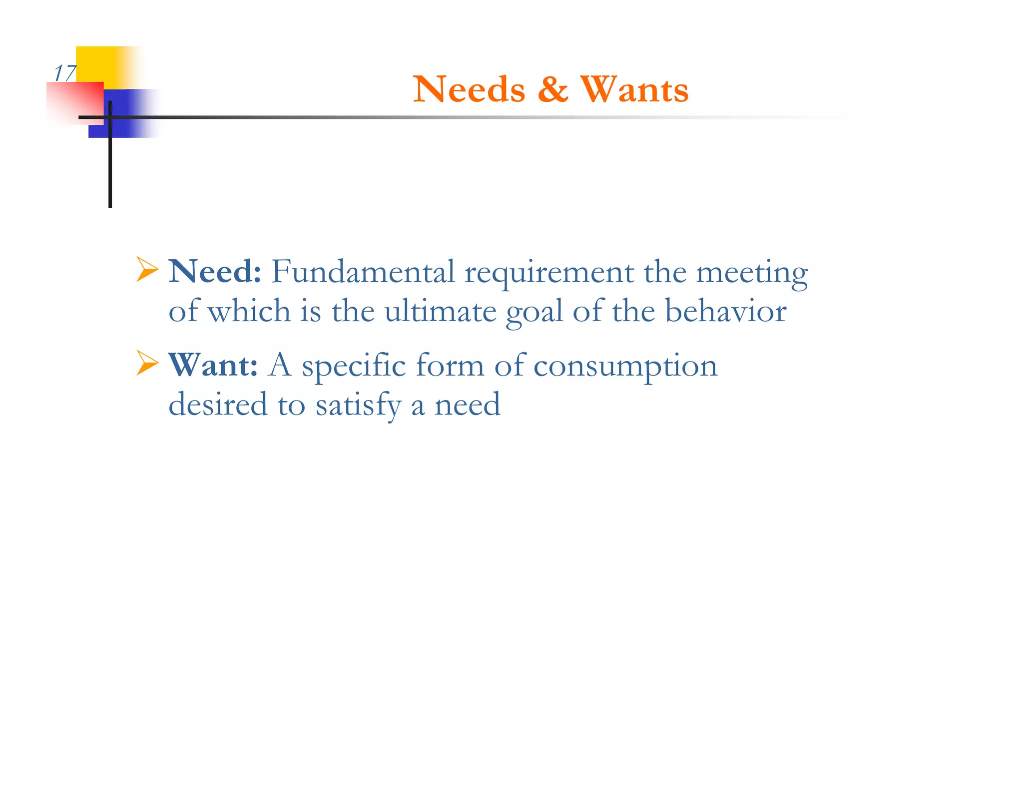 17
                        Needs & Wants



      Need: Fundamental requirement the meeting
       of which is the ultimate goal of the behavior
      Want: A specific form of consumption
       desired to satisfy a need
 
