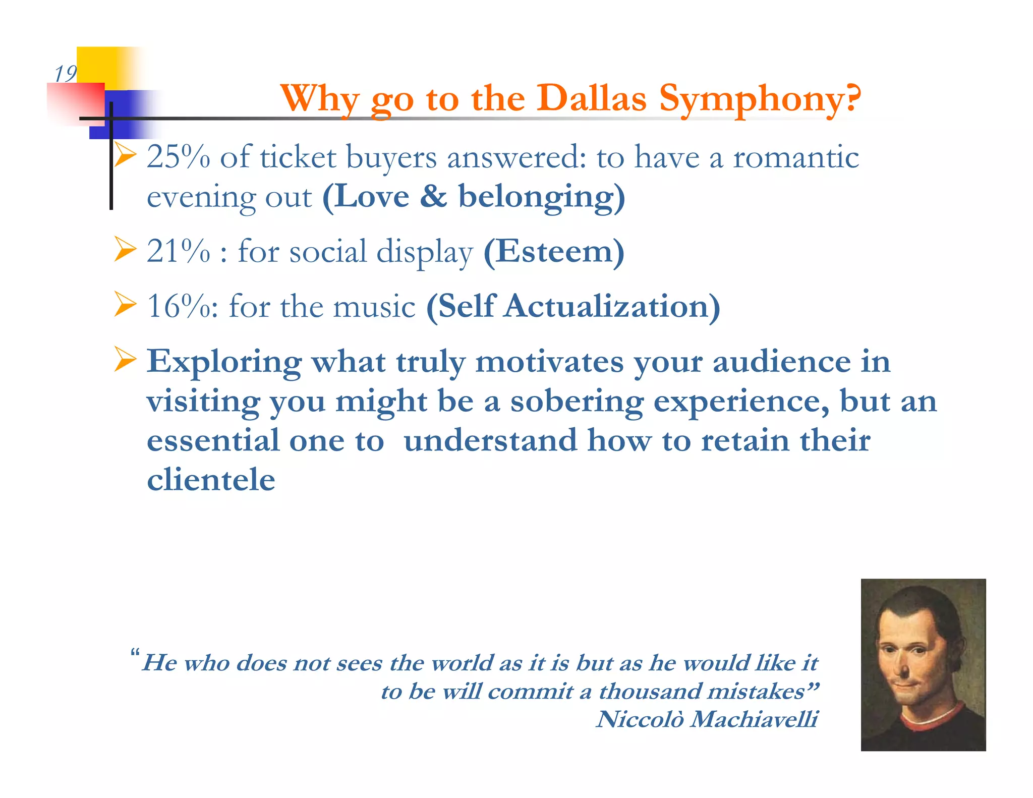 19
                   Why go to the Dallas Symphony?
      25% of ticket buyers answered: to have a romantic
             f i k b               d     h            i
       evening out (Love & belonging)
      21% : for social display (Esteem)
      16%: for the music (Self Actualization)
      Exploring what truly motivates your audience i
            l i     h     l      i            di     in
       visiting you might be a sobering experience, but an
       essential one to understand how to retain their
       clientele



      “He who does not sees the world as it is but as he would like it
                             to be will commit a thousand mistakes”
                                                 Niccolò Machiavelli
 