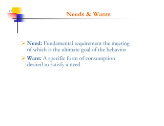 17
                        Needs & Wants



      Need: Fundamental requirement the meeting
       of which is the ultimate goal of the behavior
      Want: A specific form of consumption
       desired to satisfy a need
 