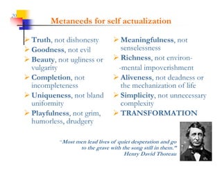 20
             Metaneeds for self actualization

      Truth, not dishonesty           Meaningfulness, not
      Goodness, not evil
                  ,                     senselessness
      Beauty, not ugliness or         Richness, not environ-
       vulgarity                       -mental impoverishment
     CCompletion, not
              l                        Al
                                        Aliveness, not d d
                                                       deadness or
       incompleteness                   the mechanization of life
      Uniqueness not bland
       Uniqueness,                     Simplicity not unnecessary
                                        Simplicity,
       uniformity                       complexity
      Playfulness, not grim,          TRANSFORMATION
       humorless, drudgery

                “Most men lead lives of quiet desperation and go
                        to the grave with the song still in them.”
                                           Henry David Thoreau
 