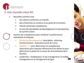 Nouvelles carrières avec  des salaires conformes au marché,  plus d’attention au contenu et au poids de la fonction,  Intérêt central des compétences  et avec des possibilités de développement et perspectives de carrière claires Gestion des compétences pour améliorer la performance individuelle et d’équipe Cercles de développement :  description - planning- fonctionnement - évaluation (cycle de 2 ans)   Modèle 5 + 1  pour déterminer les compétences nécessaires pour exécuter efficacement les tâches et pour déterminer le poids (et le niveau de rémunération) de la fonction Leadership – building pour le top management, le middle management et le management de ligne 2. Une nouvelle vision RH   