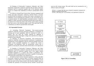 (4) Bonding of Electrically Conductive Materials and Other
Equipment. Electrically conductive materials that are likely to become
energized shall be connected together and to the electrical supply
source in a manner that establishes an effective ground-fault current
path.
(5) Effective Ground-Fault Current Path. Electrical equipment and
wiring and other electrically conductive material likely to become
energized shall be installed in a manner that creates a permanent, low-
impedance circuit facilitating the operation of the overcurrent device
or ground detector for high-impedance grounded systems. It shall be
capable of safely carrying the maximum ground-fault current likely to
be imposed on it from any point on the wiring system where a ground
fault may occur to the electrical supply source. The earth shall not be
considered as an effective ground-fault current path.
(b) Ungrounded Systems.
(1) Grounding Electrical Equipment. Non–current-carrying
conductive materials enclosing electrical conductors or equipment, or
forming part of such equipment, shall be connected to earth in a
manner that will limit the voltage imposed by lightning or
unintentional contact with higher-voltage lines and limit the voltage to
ground on these materials.
(2) Bonding of Electrical Equipment. Non–current-carrying
conductive materials enclosing electrical conductors or equipment, or
forming part of such equipment, shall be connected together and to the
supply system grounded equipment in a manner that creates a
permanent, low-impedance path for ground-fault current that is
capable of carrying the maximum fault current likely to be imposed on
it.
(3) Bonding of Electrically Conductive Materials and Other
Equipment. Electrically conductive materials that are likely to become
energized shall be connected together and to the supply system
grounded equipment in a manner that creates a permanent, low-
impedance path for ground-fault current that is capable of carrying the
maximum fault current likely to be imposed on it.
(4) Path for Fault Current. Electrical equipment, wiring, and other
electrically conductive material likely to become energized shall be
installed in a manner that creates a permanent, low-impedance circuit
from any point on the wiring system to the electrical supply source to
facilitate the operation of overcurrent devices should a second fault
occur on the wiring system. The earth shall not be considered as an
effective fault-current path.
FPN No. 1: A second fault that occurs through the equipment enclosures and
bonding is considered a ground fault.
FPN No. 2: See Figure 2.50.1.4 for information on the organization of Article 2.50.
Figure 2.50.1.4 Grounding.
 