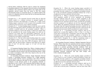 derived phase conductors shall be used to connect the equipment
grounding conductors of the separately derived system to the grounded
conductor. This connection shall be made at any single point on the
separately derived system from the source to the first system
disconnecting means or overcurrent device, or it shall be made at the
source of a separately derived system that has no disconnecting means
or overcurrent devices.
Exception No. 1: For separately derived systems that are dual fed
(double ended) in a common enclosure or grouped together in
separate enclosures and employing a secondary tie, a single system
bonding jumper connection to the tie point of the grounded circuit
conductors from each power source shall be permitted.
Exception No. 2: A system bonding jumper at both the source and the
first disconnecting means shall be permitted where doing so does not
establish a parallel path for the grounded conductor. Where a
grounded conductor is used in this manner, it shall not be smaller than
the size specified for the system bonding jumper but shall not be
required to be larger than the ungrounded conductor(s). For the
purposes of this exception, connection through the earth shall not be
considered as providing a parallel path.
Exception No. 3: The size of the system bonding jumper for a system
that supplies a Class 1, Class 2, or Class 3 circuit, and is derived from
a transformer rated not more than 1000 volt-amperes, shall not be
smaller than the derived phase conductors and shall not be smaller
than 2.0 mm2
(1.6 mm dia.) copper or 3.5 mm2
(2.0 mm dia.)
aluminum.
(2) Equipment Bonding Jumper Size. Where a bonding jumper of
the wire type is run with the derived phase conductors from the source
of a separately derived system to the first disconnecting means, it shall
be sized in accordance with 2.50.5.13(c), based on the size of the
derived phase conductors.
(3) Grounding Electrode Conductor, Single Separately Derived
System. A grounding electrode conductor for a single separately
derived system shall be sized in accordance with 2.50.3.17 for the
derived phase conductors and shall be used to connect the grounded
conductor of the derived system to the grounding electrode as
specified in 2.50.2.11(a)(7). This connection shall be made at the same
point on the separately derived system where the system bonding
jumper is installed.
Exception No. 1: Where the system bonding jumper specified in
2.50.2.11(a)(1) is a wire or busbar, it shall be permitted to connect the
grounding electrode conductor to the equipment grounding terminal,
bar, or bus, provided the equipment grounding terminal, bar, or bus is
of sufficient size for the separately derived system.
Exception No. 2: Where a separately derived system originates in
listed equipment suitable as service equipment, the grounding
electrode conductor from the service or feeder equipment to the
grounding electrode shall be permitted as the grounding electrode
conductor for the separately derived system, provided the grounding
electrode conductor is of sufficient size for the separately derived
system. Where the equipment ground bus internal to the equipment is
not smaller than the required grounding electrode conductor for the
separately derived system, the grounding electrode connection for the
separately derived system shall be permitted to be made to the bus.
Exception No. 3: A grounding electrode conductor shall not be
required for a system that supplies a Class 1, Class 2, or Class 3
circuit and is derived from a transformer rated not more than 1000
volt-amperes, provided the grounded conductor is bonded to the
transformer frame or enclosure by a jumper sized in accordance with
2.50.2.11(a)(1), Exception No. 3, and the transformer frame or
enclosure is grounded by one of the means specified in 2.50.7.5.
(4) Grounding Electrode Conductor, Multiple Separately Derived
Systems. Where more than one separately derived system is installed,
it shall be permissible to connect a tap from each separately derived
system to a common grounding electrode conductor. Each tap
conductor shall connect the grounded conductor of the separately
derived system to the common grounding electrode conductor. The
grounding electrode conductors and taps shall comply with
2.50.2.11(a)(4)a through (a)(4)c.
Exception No. 1: Where the system bonding jumper specified in
2.50.2.11(a)(1) is a wire or busbar, it shall be permitted to connect the
grounding electrode conductor to the equipment grounding terminal,
bar, or bus, provided the equipment grounding terminal, bar, or bus is
of sufficient size for the separately derived system.
Exception No. 2: A grounding electrode conductor shall not be
required for a system that supplies a Class 1, Class 2, or Class 3
circuit and is derived from a transformer rated not more than 1000
 