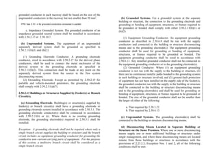 grounded conductor in each raceway shall be based on the size of the
ungrounded conductors in the raceway but not smaller than 50 mm2
.
FPN: See 3.10.1.4 for grounded conductors connected in parallel.
c. Impedance Grounded System. The grounded conductor of an
impedance grounded neutral system shall be installed in accordance
with 2.50.2.17 or 2.50.10.7.
(b) Ungrounded Systems. The equipment of an ungrounded
separately derived system shall be grounded as specified in
2.50.2.11(b)(1) and (b)(2).
(1) Grounding Electrode Conductor. A grounding electrode
conductor, sized in accordance with 2.50.3.17 for the derived phase
conductors, shall be used to connect the metal enclosures of the
derived system to the grounding electrode as specified in
2.50.2.11(b)(2). This connection shall be made at any point on the
separately derived system from the source to the first system
disconnecting means.
(2) Grounding Electrode. Except as permitted by 2.50.2.15 for
portable and vehicle-mounted generators, the grounding electrode
shall comply with 2.50.2.11(a)(7).
2.50.2.13 Buildings or Structures Supplied by Feeder(s) or Branch
Circuit(s).
(a) Grounding Electrode. Building(s) or structure(s) supplied by
feeder(s) or branch circuit(s) shall have a grounding electrode or
grounding electrode system installed in accordance with 2.50.3.1. The
grounding electrode conductor(s) shall be connected in accordance
with 2.50.2.13(b) or (c). Where there is no existing grounding
electrode, the grounding electrode(s) required in 2.50.3.1 shall be
installed.
Exception: A grounding electrode shall not be required where only a
single branch circuit supplies the building or structure and the branch
circuit includes an equipment grounding conductor for grounding the
conductive non–current-carrying parts of equipment. For the purpose
of this section, a multiwire branch circuit shall be considered as a
single branch circuit.
(b) Grounded Systems. For a grounded system at the separate
building or structure, the connection to the grounding electrode and
grounding or bonding of equipment, structures, or frames required to
be grounded or bonded shall comply with either 2.50.2.13(b)(1) or
(b)(2).
(1) Equipment Grounding Conductor. An equipment grounding
conductor as described in 2.50.6.9 shall be run with the supply
conductors and connected to the building or structure disconnecting
means and to the grounding electrode(s). The equipment grounding
conductor shall be used for grounding or bonding of equipment,
structures, or frames required to be grounded or bonded. The
equipment grounding conductor shall be sized in accordance with
2.50.6.13. Any installed grounded conductor shall not be connected to
the equipment grounding conductor or to the grounding electrode(s).
(2) Grounded Conductor. Where (1) an equipment grounding
conductor is not run with the supply to the building or structure, (2)
there are no continuous metallic paths bonded to the grounding system
in each building or structure involved, and (3) ground-fault protection
of equipment has not been installed on the supply side of the feeder(s),
the grounded conductor run with the supply to the building or structure
shall be connected to the building or structure disconnecting means
and to the grounding electrode(s) and shall be used for grounding or
bonding of equipment, structures, or frames required to be grounded or
bonded. The size of the grounded conductor shall not be smaller than
the larger of either of the following:
a. That required by 2.20.3.22
b. That required by 2.50.6.13
(c) Ungrounded Systems. The grounding electrode(s) shall be
connected to the building or structure disconnecting means.
(d) Disconnecting Means Located in Separate Building or
Structure on the Same Premises. Where one or more disconnecting
means supply one or more additional buildings or structures under
single management, and where these disconnecting means are located
remote from those buildings or structures in accordance with the
provisions of 2.25.2.3, Exception Nos. 1 and 2, all of the following
conditions shall be met:
 