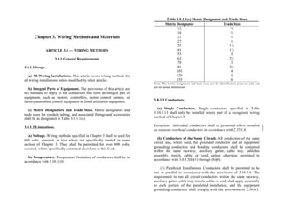 Chapter 3. Wiring Methods and Materials
ARTICLE 3.0 — WIRING METHODS
3.0.1 General Requirements
3.0.1.1 Scope.
(a) All Wiring Installations. This article covers wiring methods for
all wiring installations unless modified by other articles.
(b) Integral Parts of Equipment. The provisions of this article are
not intended to apply to the conductors that form an integral part of
equipment, such as motors, controllers, motor control centers, or
factory assembled control equipment or listed utilization equipment.
(c) Metric Designators and Trade Sizes. Metric designators and
trade sizes for conduit, tubing, and associated fittings and accessories
shall be as designated in Table 3.0.1.1(c).
3.0.1.2 Limitations.
(a) Voltage. Wiring methods specified in Chapter 3 shall be used for
600 volts, nominal, or less where not specifically limited in some
section of Chapter 3. They shall be permitted for over 600 volts,
nominal, where specifically permitted elsewhere in this Code.
(b) Temperature. Temperature limitation of conductors shall be in
accordance with 3.10.1.10.
Table 3.0.1.1(c) Metric Designator and Trade Sizes
Metric Designator Trade Size
12
16
21
27
35
41
53
63
78
91
103
129
155
⅜
½
¾
1
1¼
1½
2
2½
3
3½
4
5
6
Note: The metric designators and trade sizes are for identification purposes only and
are not actual dimensions.
3.0.1.3 Conductors.
(a) Single Conductors. Single conductors specified in Table
3.10.1.13 shall only be installed where part of a recognized wiring
method of Chapter 3.
Exception: Individual conductors shall be permitted where installed
as separate overhead conductors in accordance with 2.25.1.6.
(b) Conductors of the Same Circuit. All conductors of the same
circuit and, where used, the grounded conductor and all equipment
grounding conductors and bonding conductors shall be contained
within the same raceway, auxiliary gutter, cable tray, cablebus
assembly, trench, cable, or cord, unless otherwise permitted in
accordance with 3.0.1.3(b)(1) through (b)(4).
(1) Paralleled Installations. Conductors shall be permitted to be
run in parallel in accordance with the provisions of 3.10.1.4. The
requirement to run all circuit conductors within the same raceway,
auxiliary gutter, cable tray, trench, cable, or cord shall apply separately
to each portion of the paralleled installation, and the equipment
grounding conductors shall comply with the provisions of 2.50.6.3.
 