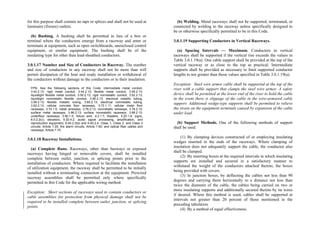 for this purpose shall contain no taps or splices and shall not be used at
luminaire (fixture) outlets.
(b) Bushing. A bushing shall be permitted in lieu of a box or
terminal where the conductors emerge from a raceway and enter or
terminate at equipment, such as open switchboards, unenclosed control
equipment, or similar equipment. The bushing shall be of the
insulating type for other than lead-sheathed conductors.
3.0.1.17 Number and Size of Conductors in Raceway. The number
and size of conductors in any raceway shall not be more than will
permit dissipation of the heat and ready installation or withdrawal of
the conductors without damage to the conductors or to their insulation.
FPN: See the following sections of this Code: intermediate metal conduit,
3.42.2.13; rigid metal conduit, 3.44.2.13; flexible metal conduit, 3.48.2.13;
liquidtight flexible metal conduit, 3.50.2.13; rigid nonmetallic conduit, 3.52.2.13;
liquidtight nonmetallic flexible conduit, 3.56.2.13; electrical metallic tubing,
3.58.2.13; flexible metallic tubing, 3.60.2.13; electrical nonmetallic tubing,
3.62.2.13; cellular concrete floor raceways, 3.72.1.11; cellular metal floor
raceways, 3.74.1.5; metal wireways, 3.76.2.13; nonmetallic wireways, 3.78.2.13;
surface metal raceways, 3.86.2.13; surface nonmetallic raceways, 3.88.2.13;
underfloor raceways, 3.90.1.5; fixture wire, 4.2.1.7; theaters, 5.20.1.6; signs,
6.0.2.2(c); elevators, 6.20.4.2; audio signal processing, amplification, and
reproduction equipment, 6.40.2.3(a) and 6.40.2.4; Class 1, Class 2, and Class 3
circuits, Article 7.25; fire alarm circuits, Article 7.60; and optical fiber cables and
raceways, Article 7.70.
3.0.1.18 Raceway Installations.
(a) Complete Runs. Raceways, other than busways or exposed
raceways having hinged or removable covers, shall be installed
complete between outlet, junction, or splicing points prior to the
installation of conductors. Where required to facilitate the installation
of utilization equipment, the raceway shall be permitted to be initially
installed without a terminating connection at the equipment. Prewired
raceway assemblies shall be permitted only where specifically
permitted in this Code for the applicable wiring method.
Exception: Short sections of raceways used to contain conductors or
cable assemblies for protection from physical damage shall not be
required to be installed complete between outlet, junction, or splicing
points.
(b) Welding. Metal raceways shall not be supported, terminated, or
connected by welding to the raceway unless specifically designed to
be or otherwise specifically permitted to be in this Code.
3.0.1.19 Supporting Conductors in Vertical Raceways.
(a) Spacing Intervals — Maximum. Conductors in vertical
raceways shall be supported if the vertical rise exceeds the values in
Table 3.0.1.19(a). One cable support shall be provided at the top of the
vertical raceway or as close to the top as practical. Intermediate
supports shall be provided as necessary to limit supported conductor
lengths to not greater than those values specified in Table 3.0.1.19(a).
Exception: Steel wire armor cable shall be supported at the top of the
riser with a cable support that clamps the steel wire armor. A safety
device shall be permitted at the lower end of the riser to hold the cable
in the event there is slippage of the cable in the wire-armored cable
support. Additional wedge-type supports shall be permitted to relieve
the strain on the equipment terminals caused by expansion of the cable
under load.
(b) Support Methods. One of the following methods of support
shall be used.
(1) By clamping devices constructed of or employing insulating
wedges inserted in the ends of the raceways. Where clamping of
insulation does not adequately support the cable, the conductor also
shall be clamped.
(2) By inserting boxes at the required intervals in which insulating
supports are installed and secured in a satisfactory manner to
withstand the weight of the conductors attached thereto, the boxes
being provided with covers.
(3) In junction boxes, by deflecting the cables not less than 90
degrees and carrying them horizontally to a distance not less than
twice the diameter of the cable, the cables being carried on two or
more insulating supports and additionally secured thereto by tie wires
if desired. Where this method is used, cables shall be supported at
intervals not greater than 20 percent of those mentioned in the
preceding tabulation.
(4) By a method of equal effectiveness.
 