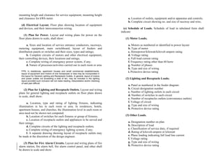 mounting height and clearance for service equipment, mounting height
and clearance for kWh meter. a. Location of outlets, equipment and/or apparatus and controls;
b. Complete circuit showing no. and size of raceway and wire;
(d) Electrical Layout. Floor plan showing location of equipment
and devices, and their interconnection wiring. (e) Schedule of Loads. Schedule of load in tabulated form shall
indicate:
(1) Plan for Power. Layout and wiring plans for power on the
floor plans drawn to scale, shall show: (1) Motor Loads;
a. Motors as numbered or identified in power layout
a. Sizes and location of service entrance conductors, raceways,
metering equipment, main switchboard, layout of feeders and
distribution panels or switches and their sizes, types and ratings;
b. Type of motor
c. Horsepower/kilowatt/kilovolt ampere rating
d. Voltage rating
b. Complete circuits of motors and other electrical equipment,
their controlling devices, their locations and ratings; e. Full-load current rating
f. Frequency rating other than 60 hertz
c. Complete wiring of emergency power system, if any;
g. Number of phases
d. Nature of processes/activities carried out in each room or area
h. Type and size of wiring
i. Protective device rating
FPN: In residences, apartment houses and small commercial establishments,
layout of equipment and motors of one horsepower or less may be incorporated in
the layout for General Lighting and Receptacle Outlets. In general, layout of motors
and power outlets not exceeding a total of ten, may be included in the lighting
layout provided such inclusion will not make reading, interpretation and/or checking
of said plan difficult.
(2) Lighting and Receptacle Loads;
a. Panel as numbered in the feeder diagram
b. Circuit designation number
(2) Plan for Lighting and Receptacle Outlets. Layout and wiring
plans for general lighting and receptacle outlets on floor plans drawn
to scale, shall show:
c. Number of lighting outlets in each circuit
d. Number of switches in each circuit
e. Number of receptacles outlets (convenience outlets)
f. Voltage of circuit
a. Location, type and rating of lighting fixtures, indicating
illumination in lux in each room or area. In residences, hotels,
apartment houses, and churches, the illumination level in each room or
area need not be shown nor computed;
g. Type and size of wiring
h. Protective device rating
(3) Other Loads.
b. Location of switches for each fixtures or group of fixtures;
c. Location of receptacle outlets and appliances to be served and
their ratings; a. Designation number on plan
b. Description of load
d. Complete circuits of the lighting and receptacle outlets;
c. Classification of service duty, if required
e. Complete wiring of emergency lighting system, if any;
d. Rating of kilovolt-ampere or kilowatt
f. A separate drawing showing layout of receptacle outlets may
be made at the discretion of the design engineer. e. Phase loading indicating full load line current
f. Voltage rating
g. Type and size of wiring
(3) Plan for Fire Alarm Circuits. Layout and wiring plans of fire
alarm station, fire alarm bell, fire alarm control panel, and other shall
be drawn to scale and show:
h. Protective device rating
 