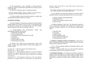 (3) The manufacturer’s name, trademark, or other distinctive
marking by which the organization responsible for the product can be
readily identified
(4) The size in millimeter square or millimeter diameter
FPN: See Conductor Properties, Table 8 of Chapter 9, for conductor area
expressed in SI units for conductor sizes specified in mm
2
or mm dia.
(5) Cable assemblies where the neutral conductor is smaller than
the ungrounded conductors shall be so marked
(b) Method of Marking.
(1) Surface Marking. The following conductors and cables shall be
durably marked on the surface. The size in mm2
or mm diameter shall
be repeated at intervals not exceeding 600 mm. All other markings
shall be repeated at intervals not exceeding 1 000 mm.
a. Single-conductor and multiconductor rubber- and
thermoplastic-insulated wire and cable
b. Nonmetallic-sheathed cable
c. Service-entrance cable
d. Underground feeder and branch-circuit cable
e. Tray cable
f. Irrigation cable
g. Power-limited tray cable
h. Instrumentation tray cable
(2) Marker Tape. Metal-covered multiconductor cables shall
employ a marker tape located within the cable and running for its
complete length.
Exception No. 1: Mineral-insulated, metal-sheathed cable.
Exception No. 2: Type AC cable.
Exception No. 3: The information required in 3.10.1.11(a) shall be
permitted to be durably marked on the outer nonmetallic covering of
Type MC, Type ITC, or Type PLTC cables at intervals not exceeding
1.0 m (40 in.).
Exception No. 4: The information required in 3.10.1.11(a) shall be
permitted to be durably marked on a nonmetallic covering under the
metallic sheath of Type ITC or Type PLTC cable at intervals not
exceeding 1 000 mm.
FPN: Included in the group of metal-covered cables are Type AC cable (Article
3.20), Type MC cable (Article 3.30), and lead-sheathed cable.
(3) Tag Marking. The following conductors and cables shall be
marked by means of a printed tag attached to the coil, reel, or carton:
a. Mineral-insulated, metal-sheathed cable
b. Switchboard wires
c. Metal-covered, single-conductor cables
d. Type AC cable
(4) Optional Marking of Wire Size. The information required in
3.10.1.11(a)(4) shall be permitted to be marked on the surface of the
individual insulated conductors for the following multiconductor
cables:
a. Type MC cable
b. Tray cable
c. Irrigation cable
d. Power-limited tray cable
e. Power-limited fire alarm cable
f. Instrumentation tray cable
(c) Suffixes to Designate Number of Conductors. A type letter or
letters used alone shall indicate a single insulated conductor. The letter
suffixes shall be indicated as follows:
(1) D — For two insulated conductors laid parallel within an outer
nonmetallic covering
(2) M — For an assembly of two or more insulated conductors
twisted spirally within an outer nonmetallic covering
(d) Optional Markings. All conductors and cables contained in
Chapter 3 shall be permitted to be surface marked to indicate special
characteristics of the cable materials. These markings include, but are
not limited to, markings for limited smoke, sunlight resistant, and so
forth.
 