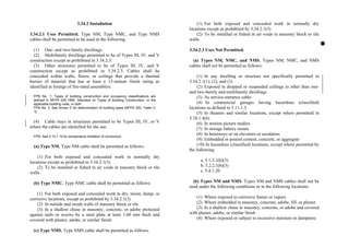 3.34.2 Installation
3.34.2.1 Uses Permitted. Type NM, Type NMC, and Type NMS
cables shall be permitted to be used in the following:
(1) One- and two-family dwellings.
(2) Multifamily dwellings permitted to be of Types III, IV, and V
construction except as prohibited in 3.34.2.3.
(3) Other structures permitted to be of Types III, IV, and V
construction except as prohibited in 3.34.2.3. Cables shall be
concealed within walls, floors, or ceilings that provide a thermal
barrier of material that has at least a 15-minute finish rating as
identified in listings of fire-rated assemblies.
FPN No. 1: Types of building construction and occupancy classifications are
defined in NFPA 220-1999, Standard on Types of Building Construction, or the
applicable building code, or both.
FPN No. 2: See Annex E for determination of building types [NFPA 220, Table 3-
1].
(4) Cable trays in structures permitted to be Types III, IV, or V
where the cables are identified for the use.
FPN: See 3.10.1.10 for temperature limitation of conductors.
(a) Type NM. Type NM cable shall be permitted as follows:
(1) For both exposed and concealed work in normally dry
locations except as prohibited in 3.34.2.1(3)
(2) To be installed or fished in air voids in masonry block or tile
walls
(b) Type NMC. Type NMC cable shall be permitted as follows:
(1) For both exposed and concealed work in dry, moist, damp, or
corrosive locations, except as prohibited by 3.34.2.1(3)
(2) In outside and inside walls of masonry block or tile
(3) In a shallow chase in masonry, concrete, or adobe protected
against nails or screws by a steel plate at least 1.60 mm thick and
covered with plaster, adobe, or similar finish
(c) Type NMS. Type NMS cable shall be permitted as follows:
(1) For both exposed and concealed work in normally dry
locations except as prohibited by 3.34.2.1(3)
(2) To be installed or fished in air voids in masonry block or tile
walls
3.34.2.3 Uses Not Permitted.
(a) Types NM, NMC, and NMS. Types NM, NMC, and NMS
cables shall not be permitted as follows:
(1) In any dwelling or structure not specifically permitted in
3.34.2.1(1), (2), and (3)
(2) Exposed in dropped or suspended ceilings in other than one-
and two-family and multifamily dwellings
(3) As service-entrance cable
(4) In commercial garages having hazardous (classified)
locations as defined in 5.11.1.3
(5) In theaters and similar locations, except where permitted in
5.18.1.4(b)
(6) In motion picture studios
(7) In storage battery rooms
(8) In hoistways or on elevators or escalators
(9) Embedded in poured cement, concrete, or aggregate
(10) In hazardous (classified) locations, except where permitted by
the following:
a. 5.1.2.1(b)(3)
b. 5.2.2.1(b)(3)
c. 5.4.1.20
(b) Types NM and NMS. Types NM and NMS cables shall not be
used under the following conditions or in the following locations:
(1) Where exposed to corrosive fumes or vapors
(2) Where embedded in masonry, concrete, adobe, fill, or plaster
(3) In a shallow chase in masonry, concrete, or adobe and covered
with plaster, adobe, or similar finish
(4) Where exposed or subject to excessive moisture or dampness
 