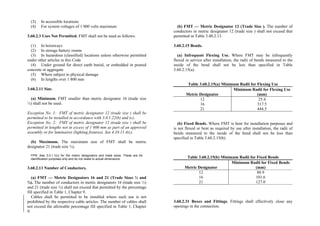 (3) In accessible locations
(4) For system voltages of 1 000 volts maximum
3.60.2.3 Uses Not Permitted. FMT shall not be used as follows:
(1) In hoistways
(2) In storage battery rooms
(3) In hazardous (classified) locations unless otherwise permitted
under other articles in this Code
(4) Under ground for direct earth burial, or embedded in poured
concrete or aggregate
(5) Where subject to physical damage
(6) In lengths over 1 800 mm
3.60.2.11 Size.
(a) Minimum. FMT smaller than metric designator 16 (trade size
½) shall not be used.
Exception No. 1: FMT of metric designator 12 (trade size ) shall be
permitted to be installed in accordance with 3.0.1.22(b) and (c).
Exception No. 2: FMT of metric designator 12 (trade size ) shall be
permitted in lengths not in excess of 1 800 mm as part of an approved
assembly or for luminaires (lighting fixtures). See 4.10.11.4(c).
(b) Maximum. The maximum size of FMT shall be metric
designator 21 (trade size ¾).
FPN: See 3.0.1.1(c) for the metric designators and trade sizes. These are for
identification purposes only and do not relate to actual dimensions.
3.60.2.13 Number of Conductors.
(a) FMT — Metric Designators 16 and 21 (Trade Sizes ½ and
¾). The number of conductors in metric designators 16 (trade size ½)
and 21 (trade size ¾) shall not exceed that permitted by the percentage
fill specified in Table 1, Chapter 9.
Cables shall be permitted to be installed where such use is not
prohibited by the respective cable articles. The number of cables shall
not exceed the allowable percentage fill specified in Table 1, Chapter
9.
(b) FMT — Metric Designator 12 (Trade Size ). The number of
conductors in metric designator 12 (trade size ) shall not exceed that
permitted in Table 3.48.2.13.
3.60.2.15 Bends.
(a) Infrequent Flexing Use. Where FMT may be infrequently
flexed in service after installation, the radii of bends measured to the
inside of the bend shall not be less than specified in Table
3.60.2.15(a).
Table 3.60.2.15(a) Minimum Radii for Flexing Use
Metric Designator
Minimum Radii for Flexing Use
(mm)
12
16
21
25.4
317.5
444.5
(b) Fixed Bends. Where FMT is bent for installation purposes and
is not flexed or bent as required by use after installation, the radii of
bends measured to the inside of the bend shall not be less than
specified in Table 3.60.2.15(b).
Table 3.60.2.15(b) Minimum Radii for Fixed Bends
Metric Designator
Minimum Radii for Fixed Bends
(mm)
12
16
21
88.9
101.6
127.0
3.60.2.31 Boxes and Fittings. Fittings shall effectively close any
openings in the connection.
 
