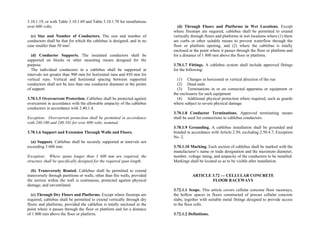 3.10.1.19, or with Table 3.10.1.69 and Table 3.10.1.70 for installations
over 600 volts.
(c) Size and Number of Conductors. The size and number of
conductors shall be that for which the cablebus is designed, and in no
case smaller than 50 mm2
.
(d) Conductor Supports. The insulated conductors shall be
supported on blocks or other mounting means designed for the
purpose.
The individual conductors in a cablebus shall be supported at
intervals not greater than 900 mm for horizontal runs and 450 mm for
vertical runs. Vertical and horizontal spacing between supported
conductors shall not be less than one conductor diameter at the points
of support.
3.70.1.5 Overcurrent Protection. Cablebus shall be protected against
overcurrent in accordance with the allowable ampacity of the cablebus
conductors in accordance with 2.40.1.4.
Exception: Overcurrent protection shall be permitted in accordance
with 240.100 and 240.101 for over 600 volts, nominal.
3.70.1.6 Support and Extension Through Walls and Floors.
(a) Support. Cablebus shall be securely supported at intervals not
exceeding 3 600 mm.
Exception: Where spans longer than 3 600 mm are required, the
structure shall be specifically designed for the required span length.
(b) Transversely Routed. Cablebus shall be permitted to extend
transversely through partitions or walls, other than fire walls, provided
the section within the wall is continuous, protected against physical
damage, and unventilated.
(c) Through Dry Floors and Platforms. Except where firestops are
required, cablebus shall be permitted to extend vertically through dry
floors and platforms, provided the cablebus is totally enclosed at the
point where it passes through the floor or platform and for a distance
of 1 800 mm above the floor or platform.
(d) Through Floors and Platforms in Wet Locations. Except
where firestops are required, cablebus shall be permitted to extend
vertically through floors and platforms in wet locations where (1) there
are curbs or other suitable means to prevent waterflow through the
floor or platform opening, and (2) where the cablebus is totally
enclosed at the point where it passes through the floor or platform and
for a distance of 1 800 mm above the floor or platform.
3.70.1.7 Fittings. A cablebus system shall include approved fittings
for the following:
(1) Changes in horizontal or vertical direction of the run
(2) Dead ends
(3) Terminations in or on connected apparatus or equipment or
the enclosures for such equipment
(4) Additional physical protection where required, such as guards
where subject to severe physical damage
3.70.1.8 Conductor Terminations. Approved terminating means
shall be used for connections to cablebus conductors.
3.70.1.9 Grounding. A cablebus installation shall be grounded and
bonded in accordance with Article 2.50, excluding 2.50.4.7, Exception
No. 2.
3.70.1.10 Marking. Each section of cablebus shall be marked with the
manufacturer’s name or trade designation and the maximum diameter,
number, voltage rating, and ampacity of the conductors to be installed.
Markings shall be located so as to be visible after installation.
ARTICLE 3.72 — CELLULAR CONCRETE
FLOOR RACEWAYS
3.72.1.1 Scope. This article covers cellular concrete floor raceways,
the hollow spaces in floors constructed of precast cellular concrete
slabs, together with suitable metal fittings designed to provide access
to the floor cells.
3.72.1.2 Definitions.
 