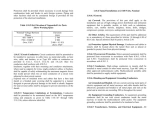 1.10.4 Tunnel Installations over 600 Volts, Nominal
Protection shall be provided where necessary to avoid damage from
condensation leaks and breaks in such foreign systems. Piping and
other facilities shall not be considered foreign if provided for fire
protection of the electrical installation.
1.10.4.1 General.
(a) Covered. The provisions of this part shall apply to the
installation and use of high-voltage power distribution and utilization
equipment that is portable, mobile, or both, such as substations,
trailers, cars, mobile shovels, draglines, hoists, drills, dredges,
compressors, pumps, conveyors, underground excavators, and the like.
Table 1.10.3.5(e) Elevation of Unguarded Live Parts
Above Working Space
Nominal Voltage Between
Phases
Elevation
(mm) (b) Other Articles. The requirements of this part shall be additional
to, or amendatory of, those prescribed in Articles 1.0 through 4.90 of
this Code. Special attention shall be paid to Article 2.50.
601–7500 V 2 700
7501–35,000 V 2 900
Over 35 kV 2 900 + 9.5 /kV
above 35kV (c) Protection Against Physical Damage. Conductors and cables in
tunnels shall be located above the tunnel floor and so placed or
guarded to protect them from physical damage.
1.10.4.2 Overcurrent Protection. Motor-operated equipment shall be
protected from overcurrent in accordance with Parts 4.30.3, 4.30.4,
and 4.30.5. Transformers shall be protected from overcurrent in
accordance with 4.50.1.3.
1.10.3.7 Circuit Conductors. Circuit conductors shall be permitted to
be installed in raceways; in cable trays; as metal-clad cable, as bare
wire, cable, and busbars; or as Type MV cables or conductors as
provided in 3.0.2.7, 3.0.2.9, 3.0.2.10, and 3.0.2.20. Bare live
conductors shall conform with 4.90.2.4.
1.10.4.3 Conductors. High-voltage conductors in tunnels shall be
installed in metal conduit or other metal raceway, Type MC cable, or
other approved multiconductor cable. Multiconductor portable cable
shall be permitted to supply mobile equipment.
Insulators, together with their mounting and conductor attachments,
where used as supports for wires, single-conductor cables, or busbars,
shall be capable of safely withstanding the maximum magnetic forces
that would prevail when two or more conductors of a circuit were
subjected to short-circuit current.
1.10.4.4 Bonding and Equipment Grounding Conductors.
Exposed runs of insulated wires and cables that have a bare lead
sheath or a braided outer covering shall be supported in a manner
designed to prevent physical damage to the braid or sheath. Supports
for lead-covered cables shall be designed to prevent electrolysis of the
sheath.
(a) Grounded and Bonded. All non–current-carrying metal parts of
electric equipment and all metal raceways and cable sheaths shall be
effectively grounded and bonded to all metal pipes and rails at the
portal and at intervals not exceeding 300 m throughout the tunnel.
1.10.3.11 Temperature Limitations at Terminations. Conductors
shall be permitted to be terminated based on the 90°C temperature
rating and ampacity as given in Table 3.10.1.67 through Table
3.10.1.86, unless otherwise identified.
(b) Equipment Grounding Conductors. An equipment grounding
conductor shall be run with circuit conductors inside the metal
raceway or inside the multiconductor cable jacket. The equipment
grounding conductor shall be permitted to be insulated or bare.
1.10.4.5 Transformers, Switches, and Electrical Equipment. All
 