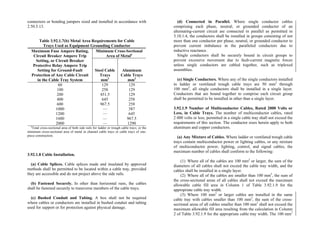 connectors or bonding jumpers sized and installed in accordance with
2.50.5.13.
Table 3.92.1.7(b) Metal Area Requirements for Cable
Trays Used as Equipment Grounding Conductor
Minimum Cross-Sectional
Area of Metala
Maximum Fuse Ampere Rating,
Circuit Breaker Ampere Trip
Setting, or Circuit Breaker
Protective Relay Ampere Trip
Setting for Ground-Fault
Protection of Any Cable Circuit
in the Cable Tray System
Steel Cable
Trays
mm2
Aluminum
Cable Trays
mm2
60
100
200
400
600
1000
1200
1600
2000
129
258
451.5
645
967.5
—
—
—
—
129
129
129
258
258
387
645
967.5
1290
a
Total cross-sectional area of both side rails for ladder or trough cable trays; or the
minimum cross-sectional area of metal in channel cable trays or cable trays of one-
piece construction.
3.92.1.8 Cable Installation.
(a) Cable Splices. Cable splices made and insulated by approved
methods shall be permitted to be located within a cable tray, provided
they are accessible and do not project above the side rails.
(b) Fastened Securely. In other than horizontal runs, the cables
shall be fastened securely to transverse members of the cable trays.
(c) Bushed Conduit and Tubing. A box shall not be required
where cables or conductors are installed in bushed conduit and tubing
used for support or for protection against physical damage.
(d) Connected in Parallel. Where single conductor cables
comprising each phase, neutral; or grounded conductor of an
alternating-current circuit are connected in parallel as permitted in
3.10.1.4, the conductors shall be installed in groups consisting of not
more than one conductor per phase, neutral, or grounded conductor to
prevent current imbalance in the paralleled conductors due to
inductive reactance.
Single conductors shall be securely bound in circuit groups to
prevent excessive movement due to fault-current magnetic forces
unless single conductors are cabled together, such as triplexed
assemblies.
(e) Single Conductors. Where any of the single conductors installed
in ladder or ventilated trough cable trays are 50 mm2
through
100 mm2
, all single conductors shall be installed in a single layer.
Conductors that are bound together to comprise each circuit group
shall be permitted to be installed in other than a single layer.
3.92.1.9 Number of Multiconductor Cables, Rated 2000 Volts or
Less, in Cable Trays. The number of multiconductor cables, rated
2 000 volts or less, permitted in a single cable tray shall not exceed the
requirements of this section. The conductor sizes herein apply to both
aluminum and copper conductors.
(a) Any Mixture of Cables. Where ladder or ventilated trough cable
trays contain multiconductor power or lighting cables, or any mixture
of multiconductor power, lighting, control, and signal cables, the
maximum number of cables shall conform to the following:
(1) Where all of the cables are 100 mm2
or larger, the sum of the
diameters of all cables shall not exceed the cable tray width, and the
cables shall be installed in a single layer.
(2) Where all of the cables are smaller than 100 mm2
, the sum of
the cross-sectional areas of all cables shall not exceed the maximum
allowable cable fill area in Column 1 of Table 3.92.1.9 for the
appropriate cable tray width.
(3) Where 100 mm2
or larger cables are installed in the same
cable tray with cables smaller than 100 mm2
, the sum of the cross-
sectional areas of all cables smaller than 100 mm2
shall not exceed the
maximum allowable fill area resulting from the calculation in Column
2 of Table 3.92.1.9 for the appropriate cable tray width. The 100 mm2
 