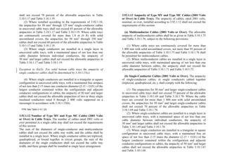 shall not exceed 70 percent of the allowable ampacities in Table
3.10.1.17 and Table 3.10.1.19.
(2) Where installed according to the requirements of 3.92.1.10,
the ampacities for 50 mm2
through 125 mm2
single-conductor cables
in uncovered cable trays shall not exceed 65 percent of the allowable
ampacities in Table 3.10.1.17 and Table 3.10.1.19. Where cable trays
are continuously covered for more than 1.8 m (6 ft) with solid
unventilated covers, the ampacities for 50 mm2
through 250 mm2
cables shall not exceed 60 percent of the allowable ampacities in Table
3.10.1.17 and Table 3.10.1.19.
(3) Where single conductors are installed in a single layer in
uncovered cable trays, with a maintained space of not less than one
cable diameter between individual conductors, the ampacity of
50 mm2
and larger cables shall not exceed the allowable ampacities in
Table 3.10.1.17 and Table 3.10.1.19.
Exception to (b)(3): For solid bottom cable trays the ampacity of
single conductor cables shall be determined by 3.10.1.15(c).
(4) Where single conductors are installed in a triangular or square
configuration in uncovered cable trays, with a maintained free airspace
of not less than 2.15 times one conductor diameter (2.15 × O.D.) of the
largest conductor contained within the configuration and adjacent
conductor configurations or cables, the ampacity of 50 mm2
and larger
cables shall not exceed the allowable ampacities of two or three single
insulated conductors rated 0 through 2 000 volts supported on a
messenger in accordance with 3.10.1.15(b).
FPN: See Table 3.10.1.20.
3.92.1.12 Number of Type MV and Type MC Cables (2001 Volts
or Over) in Cable Trays. The number of cables rated 2001 volts or
over permitted in a single cable tray shall not exceed the requirements
of this section.
The sum of the diameters of single-conductor and multiconductor
cables shall not exceed the cable tray width, and the cables shall be
installed in a single layer. Where single conductor cables are triplexed,
quadruplexed, or bound together in circuit groups, the sum of the
diameters of the single conductors shall not exceed the cable tray
width, and these groups shall be installed in single layer arrangement.
3.92.1.13 Ampacity of Type MV and Type MC Cables (2001 Volts
or Over) in Cable Trays. The ampacity of cables, rated 2001 volts,
nominal, or over, installed according to 3.92.1.12 shall not exceed the
requirements of this section.
(a) Multiconductor Cables (2001 Volts or Over). The allowable
ampacity of multiconductor cables shall be as given in Table 3.10.1.75
and Table 3.10.1.76, subject to the following provisions:
(1) Where cable trays are continuously covered for more than
1 800 mm with solid unventilated covers, not more than 95 percent of
the allowable ampacities of Table 3.10.1.75 and Table 3.10.1.76 shall
be permitted for multiconductor cables.
(2) Where multiconductor cables are installed in a single layer in
uncovered cable trays, with maintained spacing of not less than one
cable diameter between cables, the ampacity shall not exceed the
allowable ampacities of Table 3.10.1.71 and Table 3.10.1.72.
(b) Single-Conductor Cables (2001 Volts or Over). The ampacity
of single-conductor cables, or single conductors cabled together
(triplexed, quadruplexed, etc.), shall comply with the following:
(1) The ampacities for 50 mm2
and larger single-conductor cables
in uncovered cable trays shall not exceed 75 percent of the allowable
ampacities in Table 3.10.1.69 and Table 3.10.1.70. Where the cable
trays are covered for more than 1 800 mm with solid unventilated
covers, the ampacities for 50 mm2
and larger single-conductor cables
shall not exceed 70 percent of the allowable ampacities in Table
3.10.1.69 and Table 3.10.1.70.
(2) Where single-conductor cables are installed in a single layer in
uncovered cable trays, with a maintained space of not less than one
cable diameter between individual conductors, the ampacity of
50 mm2
and larger cables shall not exceed the allowable ampacities in
Table 3.10.1.69 and Table 3.10.1.70.
(3) Where single conductors are installed in a triangular or square
configuration in uncovered cable trays, with a maintained free air
space of not less than 2.15 times the diameter (2.15 × O.D.) of the
largest conductor contained within the configuration and adjacent
conductor configurations or cables, the ampacity of 50 mm2
and larger
cables shall not exceed the allowable ampacities in Table 3.10.1.67
and Table 3.10.1.68.
 