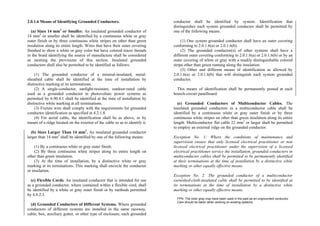 2.0.1.6 Means of Identifying Grounded Conductors.
(a) Sizes 14 mm2
or Smaller. An insulated grounded conductor of
14 mm2
or smaller shall be identified by a continuous white or gray
outer finish or by three continuous white stripes on other than green
insulation along its entire length. Wires that have their outer covering
finished to show a white or gray color but have colored tracer threads
in the braid identifying the source of manufacture shall be considered
as meeting the provisions of this section. Insulated grounded
conductors shall also be permitted to be identified as follows:
(1) The grounded conductor of a mineral-insulated, metal-
sheathed cable shall be identified at the time of installation by
distinctive marking at its terminations.
(2) A single-conductor, sunlight-resistant, outdoor-rated cable
used as a grounded conductor in photovoltaic power systems as
permitted by 6.90.4.1 shall be identified at the time of installation by
distinctive white marking at all terminations.
(3) Fixture wire shall comply with the requirements for grounded
conductor identification as specified in 4.2.1.8.
(4) For aerial cable, the identification shall be as above, or by
means of a ridge located on the exterior of the cable so as to identify it.
(b) Sizes Larger Than 14 mm2
. An insulated grounded conductor
larger than 14 mm2
shall be identified by one of the following means:
(1) By a continuous white or gray outer finish.
(2) By three continuous white stripes along its entire length on
other than green insulation.
(3) At the time of installation, by a distinctive white or gray
marking at its terminations. This marking shall encircle the conductor
or insulation.
(c) Flexible Cords. An insulated conductor that is intended for use
as a grounded conductor, where contained within a flexible cord, shall
be identified by a white or gray outer finish or by methods permitted
by 4.0.2.3.
(d) Grounded Conductors of Different Systems. Where grounded
conductors of different systems are installed in the same raceway,
cable, box, auxiliary gutter, or other type of enclosure, each grounded
conductor shall be identified by system. Identification that
distinguishes each system grounded conductor shall be permitted by
one of the following means:
(1) One system grounded conductor shall have an outer covering
conforming to 2.0.1.6(a) or 2.0.1.6(b).
(2) The grounded conductor(s) of other systems shall have a
different outer covering conforming to 2.0.1.6(a) or 2.0.1.6(b) or by an
outer covering of white or gray with a readily distinguishable colored
stripe other than green running along the insulation.
(3) Other and different means of identification as allowed by
2.0.1.6(a) or 2.0.1.6(b) that will distinguish each system grounded
conductor.
This means of identification shall be permanently posted at each
branch-circuit panelboard.
(e) Grounded Conductors of Multiconductor Cables. The
insulated grounded conductors in a multiconductor cable shall be
identified by a continuous white or gray outer finish or by three
continuous white stripes on other than green insulation along its entire
length. Multiconductor flat cable 22 mm2
or larger shall be permitted
to employ an external ridge on the grounded conductor.
Exception No. 1: Where the conditions of maintenance and
supervision ensure that only licensed electrical practitioner or non
licensed electrical practitioner under the supervision of a licensed
electrical practitioner service the installation, grounded conductors in
multiconductor cables shall be permitted to be permanently identified
at their terminations at the time of installation by a distinctive white
marking or other equally effective means.
Exception No. 2: The grounded conductor of a multiconductor
varnished-cloth-insulated cable shall be permitted to be identified at
its terminations at the time of installation by a distinctive white
marking or other equally effective means.
FPN: The color gray may have been used in the past as an ungrounded conductor.
Care should be taken when working on existing systems.
 