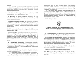 removed.
b.A receptacle installed in a wet location where the product
intended to be plugged into it will be attended while in use (e.g.,
portable tools) shall have an enclosure that is weatherproof when the
attachment plug is removed.
(c) Bathtub and Shower Space. Receptacles shall not be installed
within or directly over a bathtub or shower stall.
(d) Protection for Floor Receptacles. Standpipes of floor
receptacles shall allow floor-cleaning equipment to be operated
without damage to receptacles.
(e) Flush Mounting with Faceplate. The enclosure for a receptacle
installed in an outlet box flush-mounted in a finished surface shall be
made weatherproof by means of a weatherproof faceplate assembly
that provides a watertight connection between the plate and the
finished surface.
4.6.1.9 Grounding-Type Receptacles, Adapters, Cord Connectors,
and Attachment Plugs.
(a) Grounding Poles. Grounding-type receptacles, cord connectors,
and attachment plugs shall be provided with one fixed grounding pole
in addition to the circuit poles. The grounding contacting pole of
grounding-type plug-in ground-fault circuit interrupters shall be
permitted to be of the movable, self-restoring type on circuits operating
at not over 150 volts between any two conductors or any conductor and
ground.
(b) Grounding-Pole Identification. Grounding-type receptacles,
adapters, cord connections, and attachment plugs shall have a means
for connection of a grounding conductor to the grounding pole.
A terminal for connection to the grounding pole shall be designated
by one of the following:
(1) A green-colored hexagonal-headed or -shaped terminal screw
or nut, not readily removable.
(2) A green-colored pressure wire connector body (a wire barrel).
(3) A similar green-colored connection device, in the case of
adapters. The grounding terminal of a grounding adapter shall be a
green-colored rigid ear, lug, or similar device. The grounding
connection shall be so designed that it cannot make contact with
current-carrying parts of the receptacle, adapter, or attachment plug.
The adapter shall be polarized.
(4) If the terminal for the grounding conductor is not visible, the
conductor entrance hole shall be marked with the word green or
ground, the letters G or GR, a grounding symbol, or otherwise
identified by a distinctive green color. If the terminal for the equipment
grounding conductor is readily removable, the area adjacent to the
terminal shall be similarly marked.
FPN: See FPN Figure 4.6.1.9(b)(4).
FPN Figure 4.6.1.9(b)(4) One Example of a Symbol Used to
Identify the Termination Point for an Equipment Grounding
Conductor.
(c) Grounding Terminal Use. A grounding terminal or grounding-
type device shall not be used for purposes other than grounding.
(d) Grounding-Pole Requirements. Grounding-type attachment
plugs and mating cord connectors and receptacles shall be designed
such that the grounding connection is made before the current-carrying
connections. Grounding-type devices shall be so designed that
grounding poles of attachment plugs cannot be brought into contact
with current-carrying parts of receptacles or cord connectors.
(e) Use. Grounding-type attachment plugs shall be used only with a
cord having an equipment grounding conductor.
FPN: See 2.0.1.10(b) for identification of grounded conductor terminals.
4.6.1.10 Connecting Receptacle Grounding Terminal to Box. The
connection of the receptacle grounding terminal shall comply with
2.50.7.17.
 
