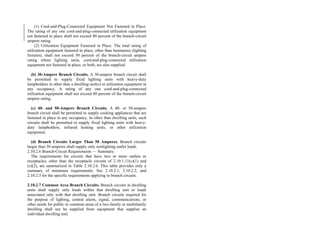 (1) Cord-and-Plug-Connected Equipment Not Fastened in Place.
The rating of any one cord-and-plug-connected utilization equipment
not fastened in place shall not exceed 80 percent of the branch-circuit
ampere rating.
(2) Utilization Equipment Fastened in Place. The total rating of
utilization equipment fastened in place, other than luminaires (lighting
fixtures), shall not exceed 50 percent of the branch-circuit ampere
rating where lighting units, cord-and-plug-connected utilization
equipment not fastened in place, or both, are also supplied.
(b) 30-Ampere Branch Circuits. A 30-ampere branch circuit shall
be permitted to supply fixed lighting units with heavy-duty
lampholders in other than a dwelling unit(s) or utilization equipment in
any occupancy. A rating of any one cord-and-plug-connected
utilization equipment shall not exceed 80 percent of the branch-circuit
ampere rating.
(c) 40- and 50-Ampere Branch Circuits. A 40- or 50-ampere
branch circuit shall be permitted to supply cooking appliances that are
fastened in place in any occupancy. In other than dwelling units, such
circuits shall be permitted to supply fixed lighting units with heavy-
duty lampholders, infrared heating units, or other utilization
equipment.
(d) Branch Circuits Larger Than 50 Amperes. Branch circuits
larger than 50 amperes shall supply only nonlighting outlet loads.
2.10.2.6 Branch-Circuit Requirements — Summary.
The requirements for circuits that have two or more outlets or
receptacles, other than the receptacle circuits of 2.10.1.11(c)(1) and
(c)(2), are summarized in Table 2.10.2.6. This table provides only a
summary of minimum requirements. See 2.10.2.1, 2.10.2.2, and
2.10.2.3 for the specific requirements applying to branch circuits.
2.10.2.7 Common Area Branch Circuits. Branch circuits in dwelling
units shall supply only loads within that dwelling unit or loads
associated only with that dwelling unit. Branch circuits required for
the purpose of lighting, central alarm, signal, communications, or
other needs for public or common areas of a two-family or multifamily
dwelling shall not be supplied from equipment that supplies an
individual dwelling unit.
 