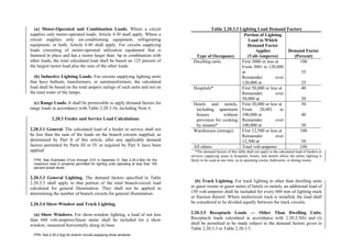 (a) Motor-Operated and Combination Loads. Where a circuit
supplies only motor-operated loads, Article 4.30 shall apply. Where a
circuit supplies only air-conditioning equipment, refrigerating
equipment, or both, Article 4.40 shall apply. For circuits supplying
loads consisting of motor-operated utilization equipment that is
fastened in place and has a motor larger than hp in combination with
other loads, the total calculated load shall be based on 125 percent of
the largest motor load plus the sum of the other loads.
(b) Inductive Lighting Loads. For circuits supplying lighting units
that have ballasts, transformers, or autotransformers, the calculated
load shall be based on the total ampere ratings of such units and not on
the total watts of the lamps.
(c) Range Loads. It shall be permissible to apply demand factors for
range loads in accordance with Table 2.20.3.16, including Note 4.
2.20.3 Feeder and Service Load Calculations
2.20.3.1 General. The calculated load of a feeder or service shall not
be less than the sum of the loads on the branch circuits supplied, as
determined by Part II of this article, after any applicable demand
factors permitted by Parts III or IV or required by Part V have been
applied.
FPN: See Examples D1(a) through D10 in Appendix D. See 2.20.2.9(b) for the
maximum load in amperes permitted for lighting units operating at less than 100
percent power factor.
2.20.3.3 General Lighting. The demand factors specified in Table
2.20.3.3 shall apply to that portion of the total branch-circuit load
calculated for general illumination. They shall not be applied in
determining the number of branch circuits for general illumination.
2.20.3.4 Show-Window and Track Lighting.
(a) Show Windows. For show-window lighting, a load of not less
than 660 volt-amperes/linear meter shall be included for a show
window, measured horizontally along its base.
FPN: See 2.20.2.5(g) for branch circuits supplying show windows.
Table 2.20.3.3 Lighting Load Demand Factors
Type of Occupancy
Portion of Lighting
Load to Which
Demand Factor
Applies
(Volt-Amperes)
Demand Factor
(Percent)
Dwelling units First 3000 or less at
From 3001 to 120,000
at
Remainder over
120,000 at
100
35
25
Hospitals* First 50,000 or less at
Remainder over
50,000 at
40
20
Hotels and motels,
including apartment
houses without
provision for cooking
by tenants*
First 20,000 or less at
From 20,001 to
100,000 at
Remainder over
100,000 at
50
40
30
Warehouses (storage) First 12,500 or less at
Remainder over
12,500 at
100
50
All others Total volt-amperes 100
*The demand factors of this table shall not apply to the calculated load of feeders or
services supplying areas in hospitals, hotels, and motels where the entire lighting is
likely to be used at one time, as in operating rooms, ballrooms, or dining rooms.
(b) Track Lighting. For track lighting in other than dwelling units
or guest rooms or guest suites of hotels or motels, an additional load of
150 volt-amperes shall be included for every 600 mm of lighting track
or fraction thereof. Where multicircuit track is installed, the load shall
be considered to be divided equally between the track circuits.
2.20.3.5 Receptacle Loads — Other Than Dwelling Units.
Receptacle loads calculated in accordance with 2.20.2.5(h) and (i)
shall be permitted to be made subject to the demand factors given in
Table 2.20.3.3 or Table 2.20.3.5.
 