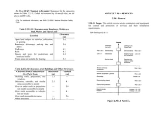(b) Over 22 kV Nominal to Ground. Clearances for the categories
shown in Table 2.25.3.12 shall be increased by 10 mm (0.4 in.) per kV
above 22,000 volts.
FPN: For additional information, see ANSI C2-2002, National Electrical Safety
Code.
Table 2.25.3.11 Clearances over Roadways, Walkways,
Rail, Water, and Open Land
Location
Clearance
(m)
Open land subject to vehicles, cultivation,
or grazing
Roadways, driveways, parking lots, and
alleys
Walkways
Rails
Spaces and ways for pedestrians and
restricted traffic
Water areas not suitable for boating
5.6
5.6
4.1
8.1
4.4
5.2
Table 2.25.3.12 Clearances over Buildings and Other Structures
Clearance from Conductors or
Live Parts from:
Horizontal
(m)
Vertical
(m)
Building walls, projections, and
windows
Balconies, catwalks, and similar
areas accessible to people
Over or under roofs or projections
not readily accessible to people
Over roofs accessible to vehicles
but not trucks
Over roofs accessible to trucks
Other structures
2.3
2.3
—
—
—
2.3
—
4.1
3.8
4.1
5.6
—
ARTICLE 2.30 — SERVICES
2.30.1 General
2.30.1.1 Scope. This article covers service conductors and equipment
for control and protection of services and their installation
requirements.
FPN: See Figure 2.30.1.1.
Figure 2.30.1.1 Services.
 
