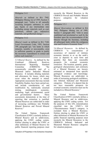 Philippine Valuation Standards (1
st
Edition) – Adoption of the IVSC Valuation Standards under Philippine Setting
GN14
Valuation of Properties in the Extractive Industries 181
Philippine 3.4.1
Minerals as defined in RA 7942,
Philippine Mining Act of 1995, Section 3:
paragraph (aa): ―refers to all naturally
occurring inorganic substance in solid,
gas, liquid, or any intermediate state
excluding energy materials such as coal,
petroleum, natural gas, radioactive
materials, and geothermal energy.‖
Philippine 3.4.2
Mineral Lands as defined in RA 7160,
Local Government Code, 1991, Section
199, paragraph (p): ―are lands in which
minerals, metallic or non-metallic, exist
in sufficient quantity or grade to justify
the necessary expenditures to extract and
utilize such materials.‖
3.5 Mineral Reserve. As defined by the
Combined [Mineral] Reserves
International Reporting Standard
Committee (CRIRSCO): ―the
economically mineable part of a
Measured and/or Indicated Mineral
Resource. It includes diluting materials
and allowances for losses, which may
occur when the material is mined.
Appropriate assessments that may include
Feasibility Studies, have been carried out,
and include consideration of, and
modification by, realistically assumed
mining, metallurgical, economic,
marketing, legal, environmental, social
and governmental factors. These
assessments demonstrate at the time of
reporting that extraction is justified.
Mineral Reserves are subdivided in order
of increasing confidence into Probable
Mineral Reserves and Proved Mineral
Reserves.‖
The United Nations Framework
Classification (UNFC) similarly defines a
Mineral Reserve and its subdivisions,
applying the UNFC coding system.
Entities electing to adopt the UNFC or
other definitions of Mineral Reserve for
public financial reporting purposes must
reconcile the Mineral Reserves to the
CRIRSCO Proved and Probable Mineral
Reserve categories for valuation
purposes.
Philippine 3.5.1
Mineral Reservations as defined in RA
7942, Philippine Mining Act of 1995,
Section 5: paragraph (bb): ―refer to areas
established and proclaimed as such by the
President upon the recommendation of the
Director through the Secretary, including
all submerged lands within the contiguous
zone and Exclusive Economic Zone.‖
3.6 Mineral Resources. As defined by
CRIRSCO: ―a concentration of
occurrence of material of intrinsic
economic interest in or on the earth‘s
crust (a deposit) in such form and
quantity that there are reasonable
prospects for eventual economic
extraction. The location, quantity, grade,
geological characteristics and continuity
of a Mineral Resource are known,
estimated or interpreted from specific
geological evidence and knowledge.
Mineral Resources are subdivided, in
order of increasing geological confidence,
into Inferred, Indicated and Measured
categories. Portions of a deposit that do
not have reasonable prospects for
eventual economic extraction must not be
included in a Mineral Resource.‖
The United Nations Framework
Classification (UNFC) similarly defines a
Mineral Resource and its subdivision,
applying the UNFC coding system. For
the purposes of this GN, mineralization
classified into the UNFC‘s G4
(―Reconnaissance Study‖) category, is
excluded from a Mineral Resource.
Entities electing to adopt the UNFC or
other definitions of Mineral Resources for
public financial reporting purposes must
reconcile the Mineral Resources to the
CRIRSCO Inferred, Indicated and
Measured Mineral Resource categories
for valuation purposes.
 