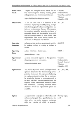 Philippine Valuation Standards (1
st
Edition) – Adoption of the IVSC Valuation Standards under Philippine Setting
Glossary of Terms for IVSs 234
Non-Current
Assets
Tangible and intangible assets, which fall into
two broad categories, namely property, plant,
and equipment, and other non-current assets.
Also called fixed, or long-term assets.
Concepts
Fundamental to
Generally Accepted
Valuation
Principles, 3.5.2
Obsolescence A loss in value due to a decrease in the
usefulness of property caused by decay, changes
in technology, people‘s behavioural patterns and
tastes, or environmental changes. Obsolescence
is sometimes classified according to items of
outmoded design and functionality, items with
structural design unable to meet current code
requirements, and factors arising outside the
asset, such as changes in user demand.
IVA3, 3.3
Operating
Company
A business that performs an economic activity
by making, selling, or trading a product or
service.
GN6,3.33
Operating
Lease
A lease other than a finance lease.
See also Finance Lease.
IAS17, 4
Operational
Asset
An asset considered requisite to the operations
of a going concern or corporation.
See also Investment Asset.
Concepts
Fundamental to
Generally Accepted
Valuation
Principles, 3.5.3
Optimization The process by which a least cost replacement
option is determined for the remaining service
potential of an asset. It is a process of adjusting
the replacement cost to reflect that an asset may
be technically obsolete or over-engineered, or
the asset may have a greater capacity than that
required. Hence, optimization minimizes, rather
than maximizes, a resulting valuation where
alternative lower cost replacement options are
available.
IVA3, 3.4; GN8,
3.4
Option An agreement to keep open an offer to buy, sell,
or lease real property for a specified period at a
stated price. An option creates a contractual
right, the exercise of which is generally
Property Types,
5.1.3
 