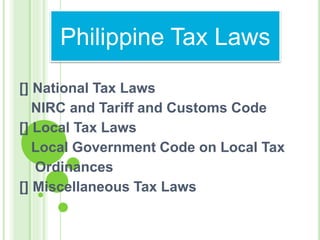 [] National Tax Laws
NIRC and Tariff and Customs Code
[] Local Tax Laws
Local Government Code on Local Tax
Ordinances
[] Miscellaneous Tax Laws
Philippine Tax Laws
 