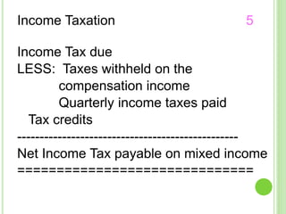 Income Taxation 5
Income Tax due
LESS: Taxes withheld on the
compensation income
Quarterly income taxes paid
Tax credits
-------------------------------------------------
Net Income Tax payable on mixed income
==============================
 