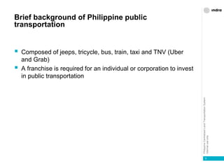 PhilippineCentralizedLandTransportationSystem
Internaluseonly
Brief background of Philippine public
transportation
 Composed of jeeps, tricycle, bus, train, taxi and TNV (Uber
and Grab)
 A franchise is required for an individual or corporation to invest
in public transportation
5
 