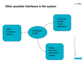 PhilippineCentralizedLandTransportationSystem
Internaluseonly
Other possible interfaces in the system
8
Centralized
System
Commuter-
friendly
mobile
application
Driver-
franchise
information
system
Other
interested
parties
 