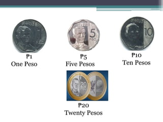 ₱1
One Peso
₱5
Five Pesos
₱10
Ten Pesos
₱20
Twenty Pesos
 