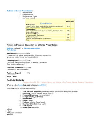 Rubrics on Dance Presentation:
               Performance
               Choreography
               Costume and Props
               Audience Impact

                                                                                              Rating Score
                                                    Criteria/Rubrics:
                             Performance
                             (mastery of the steps, showmanship, dynamism, projection,         50%
                             grace and poise, timing and coordination)
                             Choreography
                             (blocking, transition from figure to another, formation, floor    30%
                             pattern, alignment)
                             Costume and Props
                                                                                               15%
                             (authenticity and usefulness)
                             Audience Impact
                                                                                               5%
                             (reaction and responses of the audience)
                             Total                                                            100%



Rubics in Physical Education for a Dance Presentation
Rubrics (Criteria) in Dance Presentation
Folk Dance

Performance--------------40%
(mastery of the steps, showmanship, dynamism, projection
grace and poise, timing and coordination)

Choreography-------------30%
(blocking, transition from figure to another, formation,
floor pattern, alignment)

Costume and Props--------25%
(authenticity and usefulness)

Audience Impact----------5%
-------------
Total 100%

Portfolio Contents
                         Tuesday, March 08, 2011 | Labels: Games and Activity, Info., Project, Rubrics, Students Presentation

What are the items to prepare in your portfolio?

This work should include the following:

                   1.    Title for your portfolio (name of subject, group name and group number)
                   2.    Checklist (lists of names, and activities)
                   3.    Personal Inventory (Personal data)
                   4.    Sample Works/Activities
                   5.    Procedures
                   6.    Project Plan
                   7.    Projects (photos if you have)
                   8.    Rubrics/Criteria (rating scale)
                   9.    Test Papers
                   10.   Reflection (learnings)
•   Music
•   Art
•   Physical Education
•   Health
 