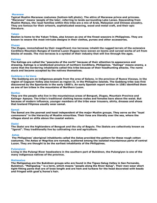 Maranaw
Typical Muslim Maranaw costumes (bottom-left photo). The attire of Maranaw prince and princess.
“Maranaw” means „people of the lake‟, referring to lands surrounding Lake Lanao. Descending from
Muslim Malays, the royal families within this tribe are a mix of Arab, Malaysian and Chinese ancestry.
They are famous for their artwork, sophisticated weaving, wood and metal craft, and their epic
literature.

Yakan
Basilan is home to the Yakan Tribes, also known as one of the finest weavers in Philippines. They are
known to weave the most intricate designs in their clothes, purses and other accessories.

Ifugao
The Ifugao, immortalized by their magnificent rice terraces; inhabit the rugged terrain of the extensive
Cordillera Mountain Ranges of Central Luzon Ifugaos have woven on looms and carved works of art from
blocks of woods. The rice terraces is a symbol of their industry that will live through the ages.

Kalinga
The Kalinga are called the “peacocks of the north” because of their attention to appearance and
dressing. Kalinga is a landlocked province of northern Cordillera, Philippines. “Kalinga” means enemy, a
name that the bordering inhabitants called this tribe because of their headhunting attacks. The name
stuck and became accepted by the natives themselves.

Gaddang o Ga'dang
 The Gaddang are an indigenous people from the area of Solano, in the province of Nueva Vizcaya, in the
region of Cagayan Valley also known as region II, in the Philippine Islands. The Gaddang tribe was first
discovered by the Spaniards in the early 1600's. An early Spanish report written in 1581 identified them
as one of ten tribes in the mountains of Northern Luzon.

Bontoc
They are the people who live in the mountainous areas of Benguet, Ifugao, Mountain Province and
Kalinga- Apayao. The tribe‟s traditional clothing leaves males and females bare above the waist. But
because of modern influence, younger members of the tribe wear trousers, shirts, dresses and shoes
that lowland Filipinos usually wear samal.

Samal
The Samal are the poorest and least independent of the major Muslim groups. They serve as the "loyal
commoners" in the hierarchy of Muslim minorities. Their lives are literally over the sea, where the
villages stand on stilts above the coastal waters.

Ibaloi
The Ibaloi are the highlanders of Benguet and the city of Baguio. The Ibalois are collectively known as
“Igorot”. They traditionally live by cultivating rice and agriculture.

 Aetas
 The Philippines‟ aboriginal inhabitants called the Aetas provided the pattern for these rough cotton
costumes. The Aetas or Negritos are nomads, scattered among the isolated mountainous parts of central
Luzon. They are thought to be the earliest inhabitants of the Philippines.

Pulangiyen
Living in the Pulangi River headwaters in the southern part of Bukidnon, the Pulangiyen is one of the
many indigenous natives of the province.

Matigsalug
The Matigsalug are the Bukidnon groups who are found in the Tigwa-Salug Valley in San Fernando,
Bukidnon. “Matigsalug ” is a term, which means “people along the River Salug”. Their men wear short
tight-fitting pants that are of knee length and are hem and turbans for the head decorated with beads
and fringed with goat‟s/horse‟s hair.
 