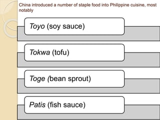 China introduced a number of staple food into Philippine cuisine, most
notably
Toyo (soy sauce)
Tokwa (tofu)
Toge (bean sprout)
Patis (fish sauce)
 