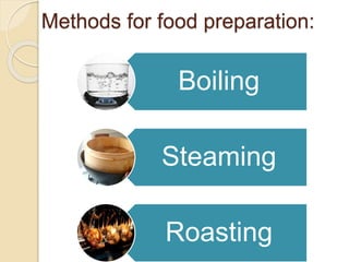 Methods for food preparation:
Boiling
Steaming
Roasting
 
